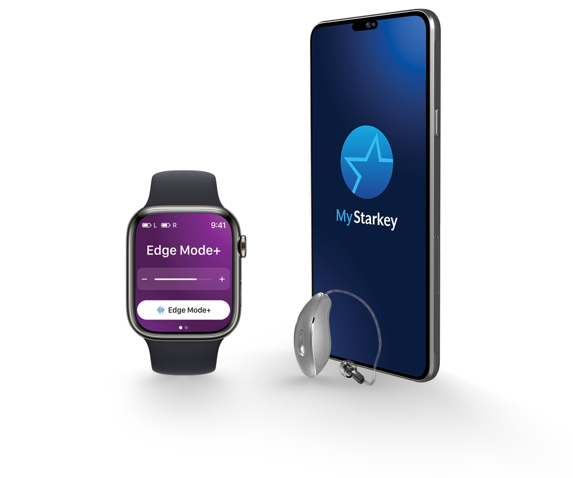 Apple Watch and iPhone with My Starkey app on the screens next to a RIC hearing aid.