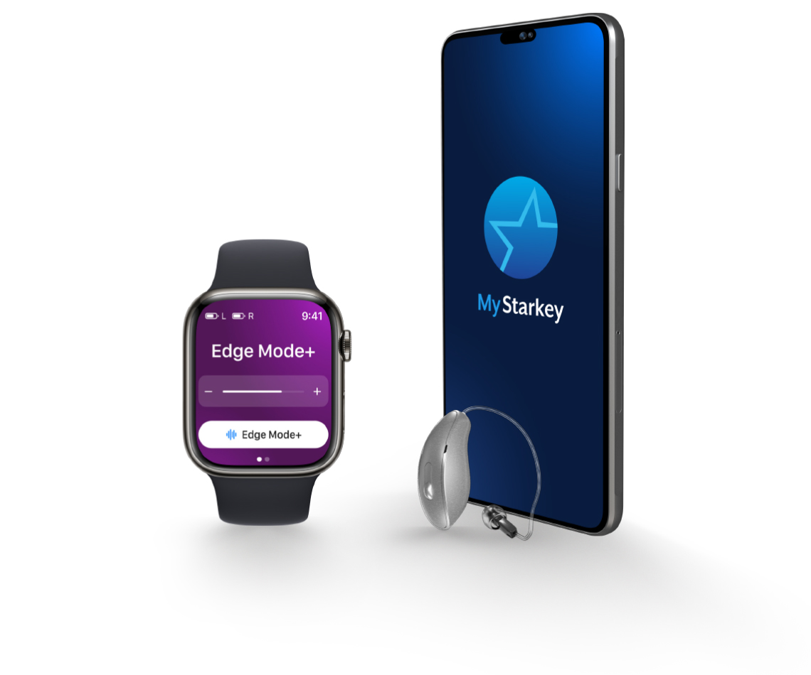 My Starkey App screen on an Apple Watch and iPhone next to a RIC hearing aid.