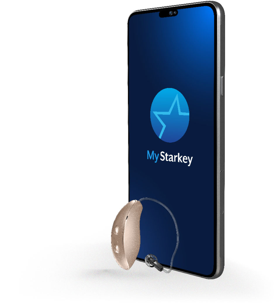 Aide auditive RIC 312 beige à côté d’un smartphone affichant l’appli My Starkey